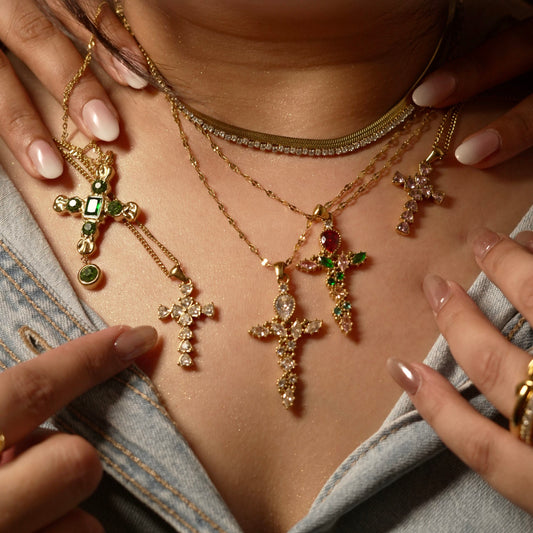 Deep green crystal cross necklace