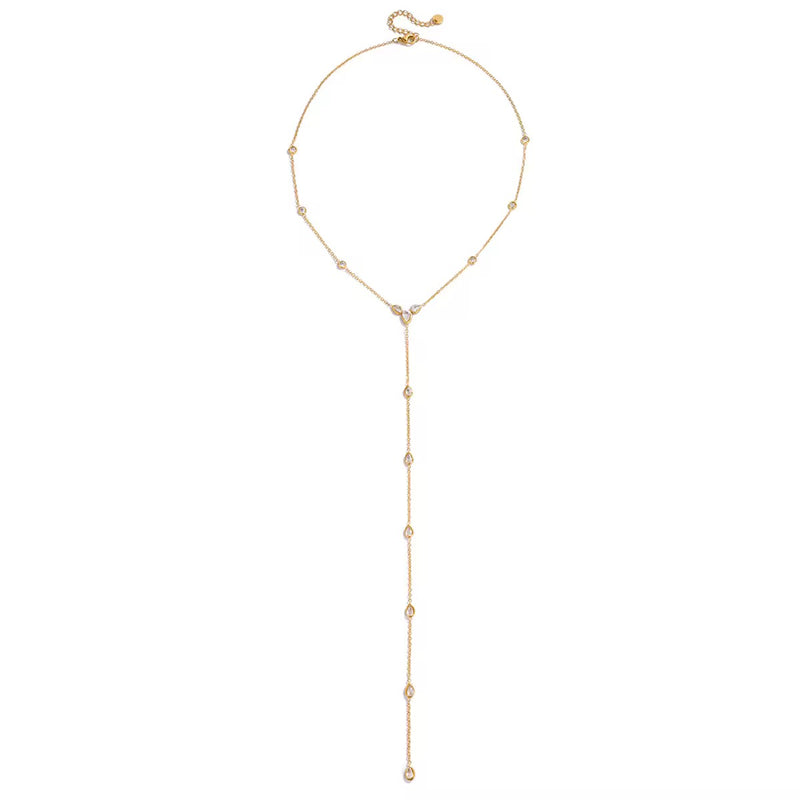 18k gold plated lariat necklace with teardrop crystals, minimalist everyday jewelry