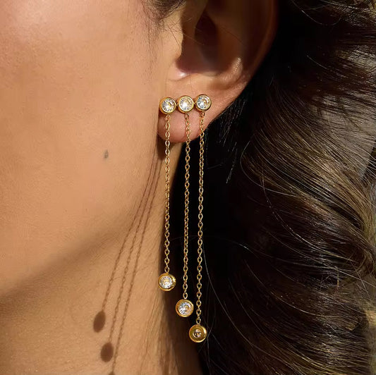 18k gold plated drop earrings with crystal accents, waterproof and anti-tarnish for daily wear