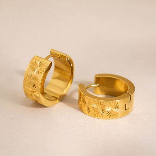 Minimal engraved gold hoops