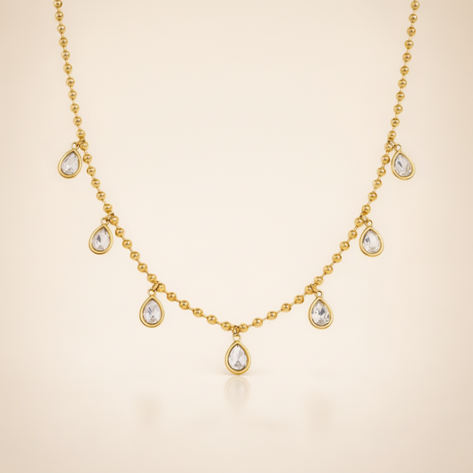 18k gold plated necklace with teardrop crystals, waterproof and anti-tarnish for everyday wear