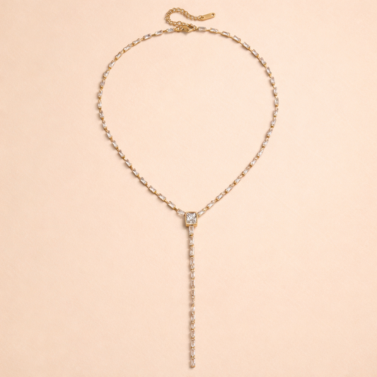 18k gold plated lariat necklace with clear crystals, minimalist design for everyday wear