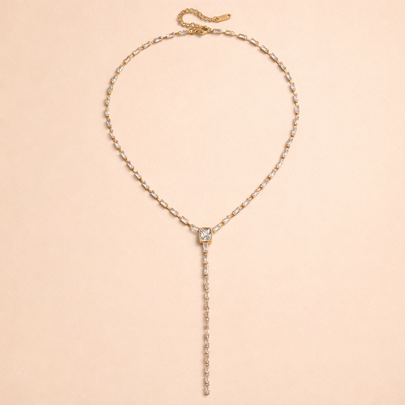 18k gold plated lariat necklace with clear crystals, minimalist design for everyday wear