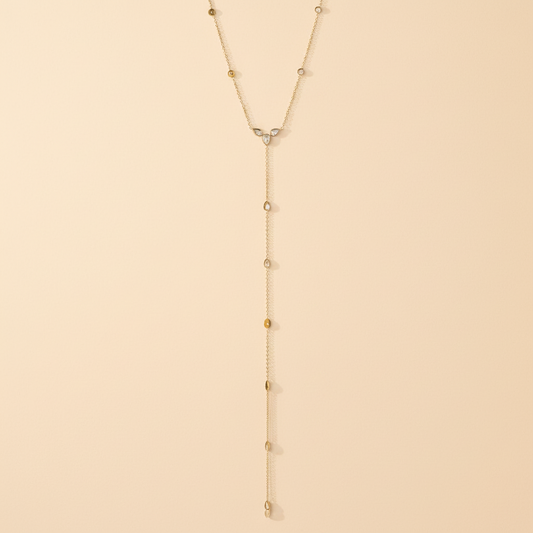 Elegant 18k gold-plated lariat necklace with sparkling stones, perfect for everyday wear.