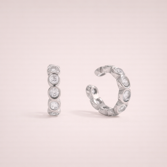 Elegant 18k gold plated hoop earrings with clear crystals, perfect for daily wear and waterproof design.