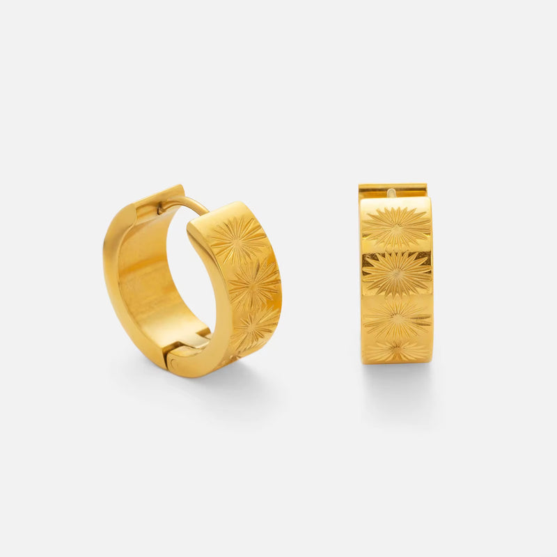 Minimal engraved gold hoops