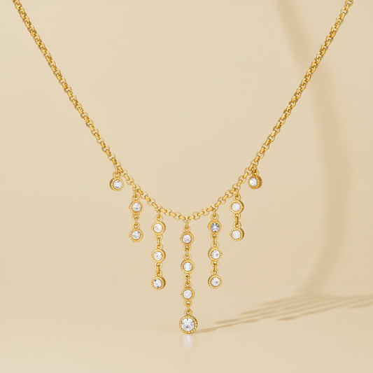 18k gold plated necklace with dangling crystal charms, waterproof and anti-tarnish for everyday wear