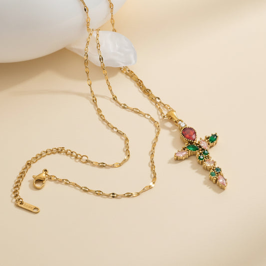 Jewel toned cross necklace for women